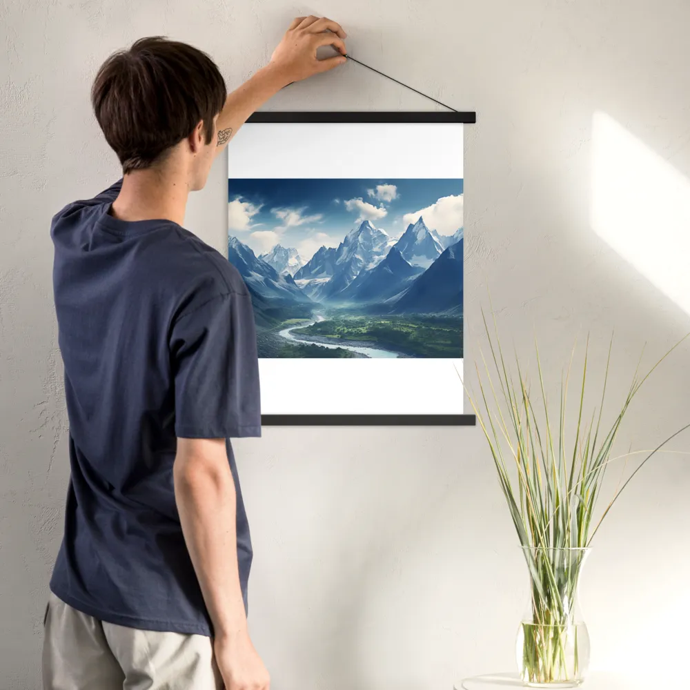 Majestic Serenity: A Landscape of Mountains and Rivers | Poster With Black Wood Hanger | 18″×24″