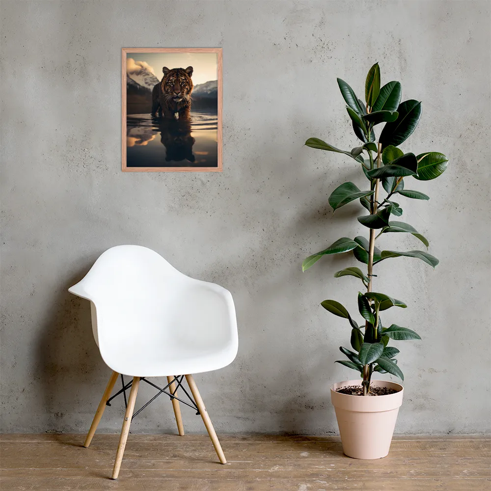Majestic Reflection: The Tiger's Domain | Poster with Red oak Frame | 16″×20″