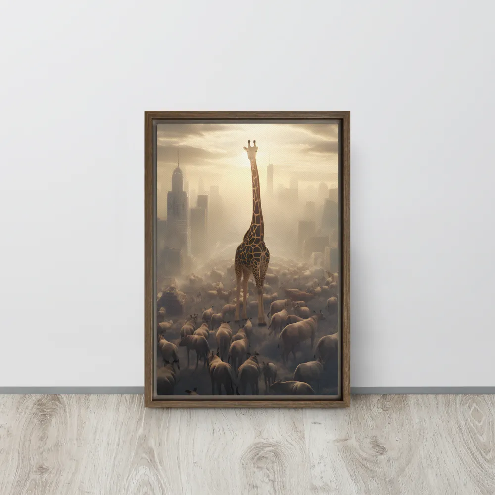 Urban Serengeti: A Giraffe's Perspective | Canvas with Brown Frame | 12″×18″