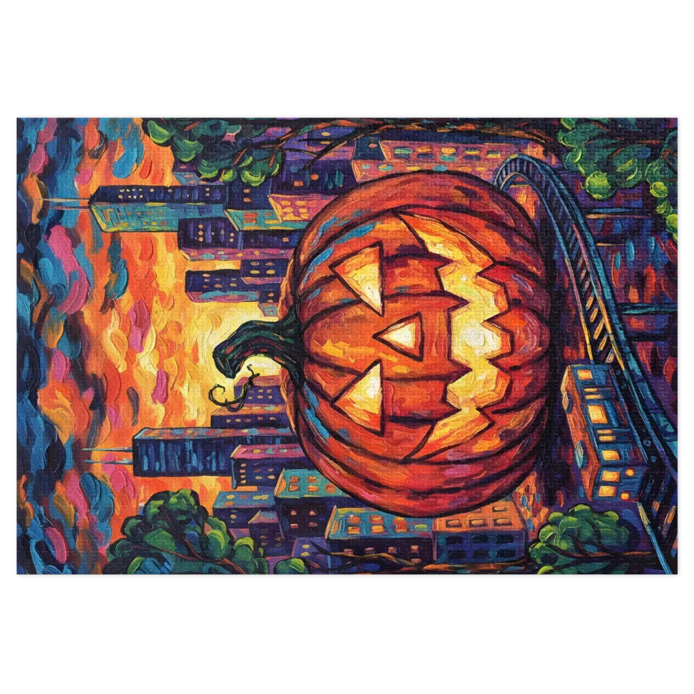 Jack-o'-Lantern Cityscape 
 Jigsaw Puzzle in Tin Box