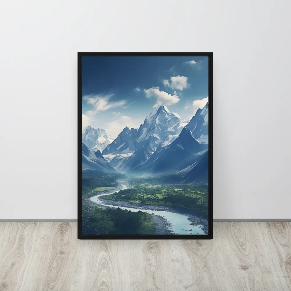 Majestic Serenity: A Landscape of Mountains and Rivers | Canvas with Black Frame | 20″×28″