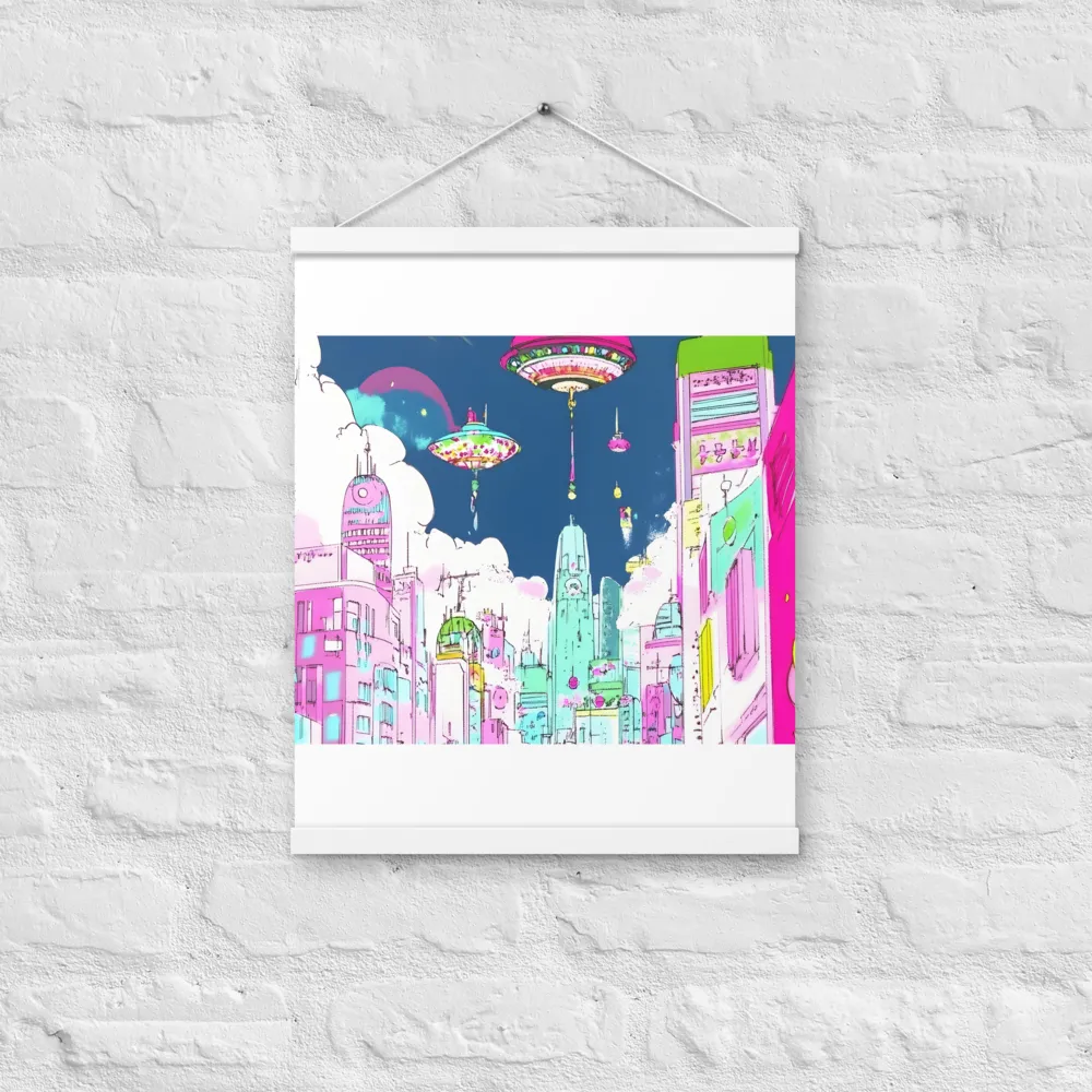 Futuristic Cityscape with Floating Structures | Poster With White Wood Hanger | 16″×20″