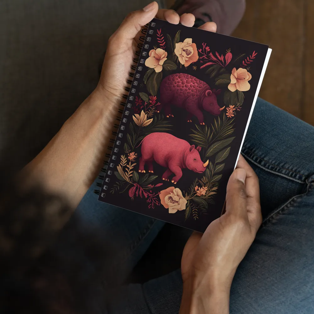 Rhinos in Floral Embrace | Spiral Notebook