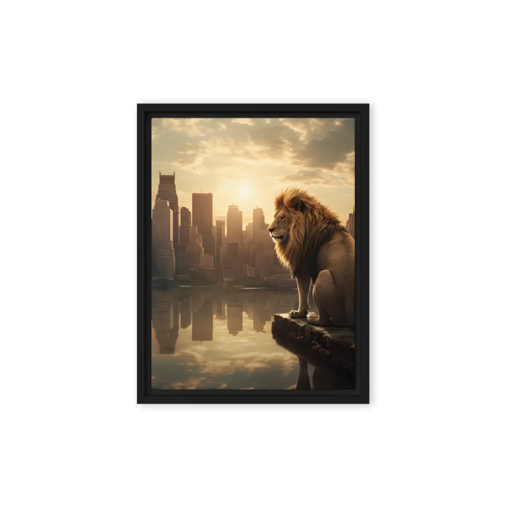 The Lion's Gaze Over the Urban Symphony | Canvas with Black Frame | 9″×12″