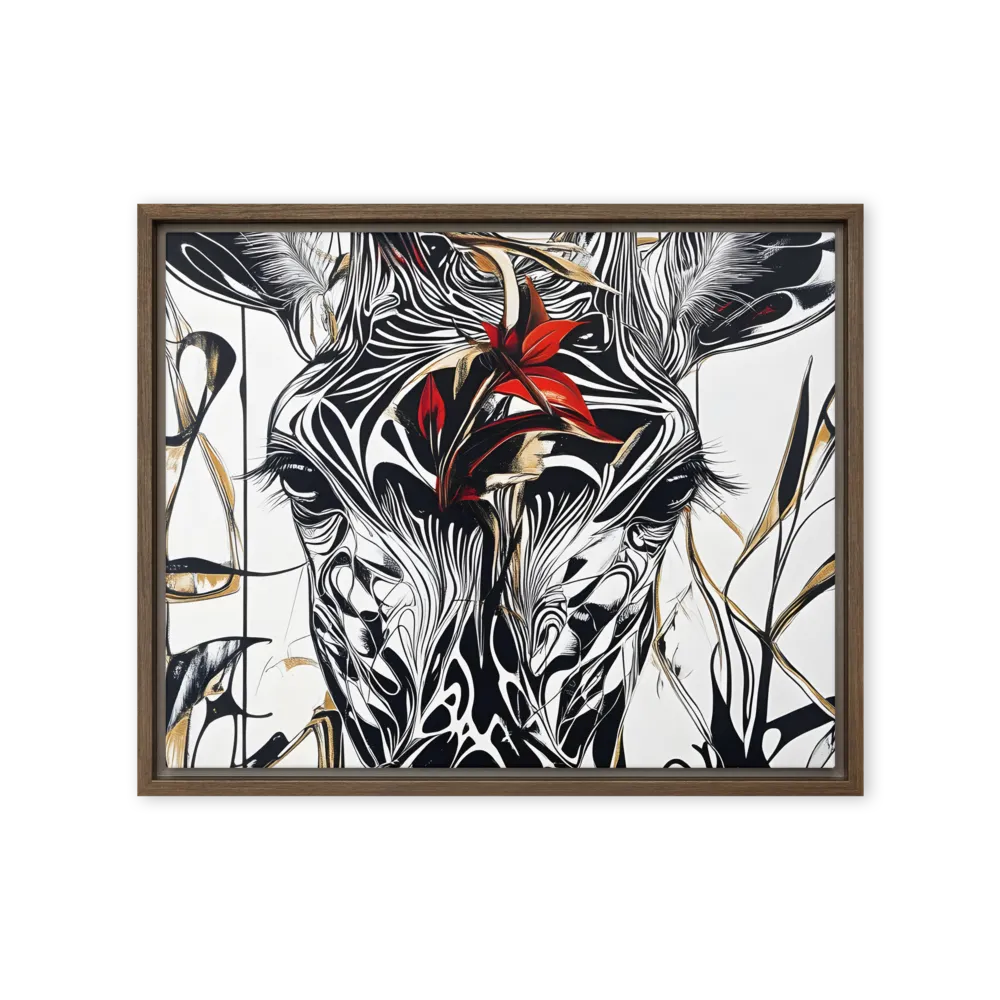 Floral Elegance: The Giraffe's Portrait | Canvas with Brown Frame | 16″×20″