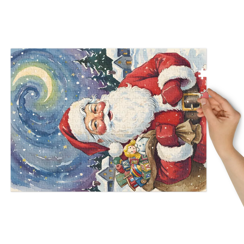 Watercolor Santa's Night 
 Jigsaw Puzzle in Tin Box