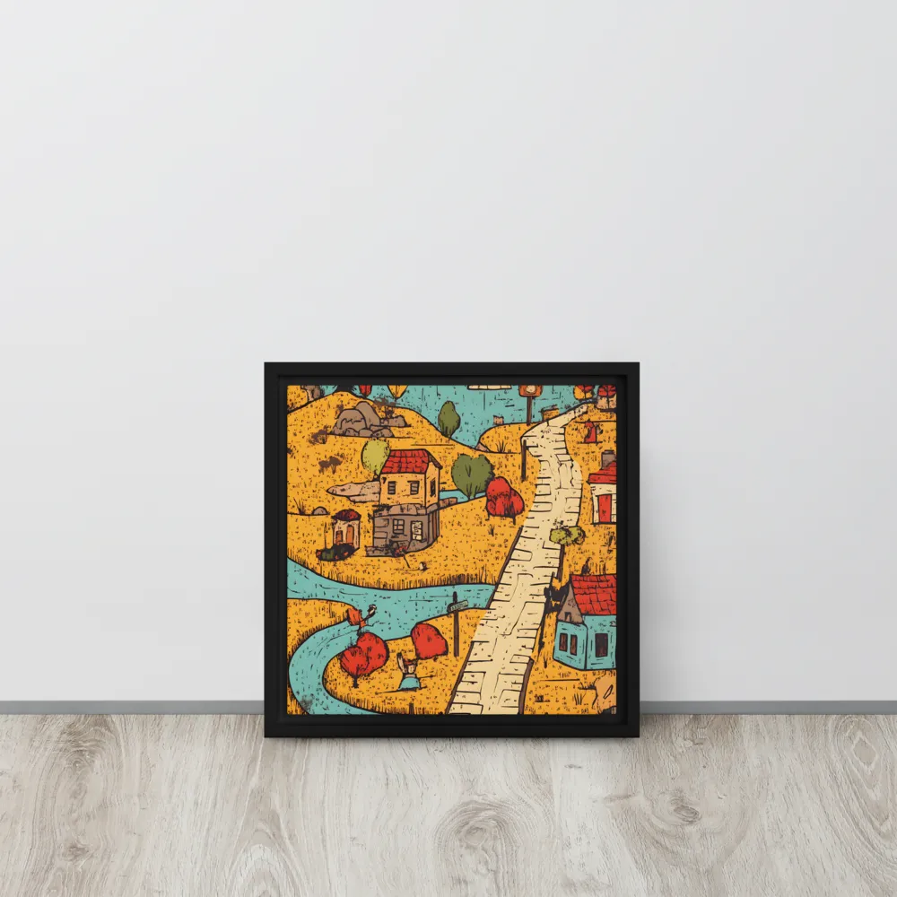 Whimsical Village Landscape | Canvas with Black Frame | 12″×12″