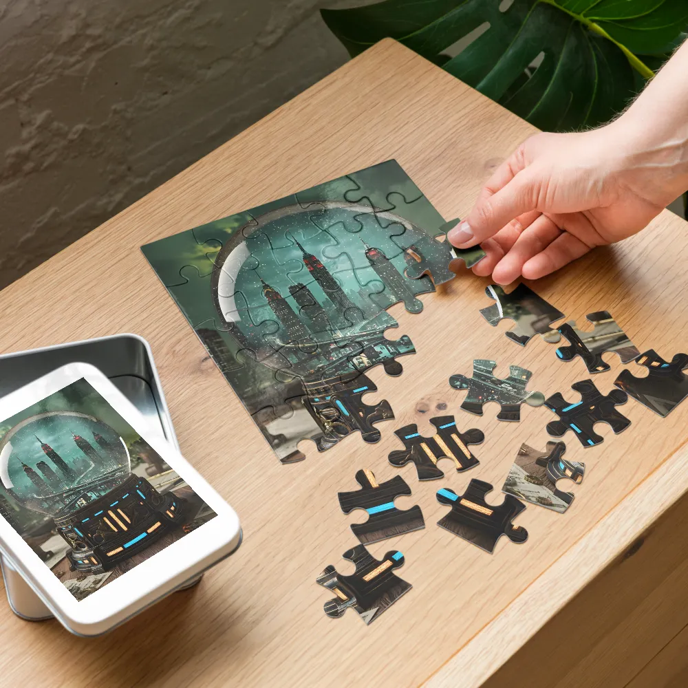 Metropolis Snow Globe 
 Jigsaw Puzzle in Tin Box