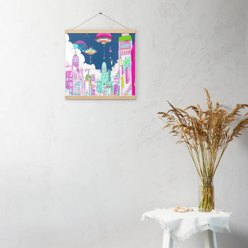 Futuristic Cityscape with Floating Structures | Poster With Oak Wood Hanger | 16″×16″
