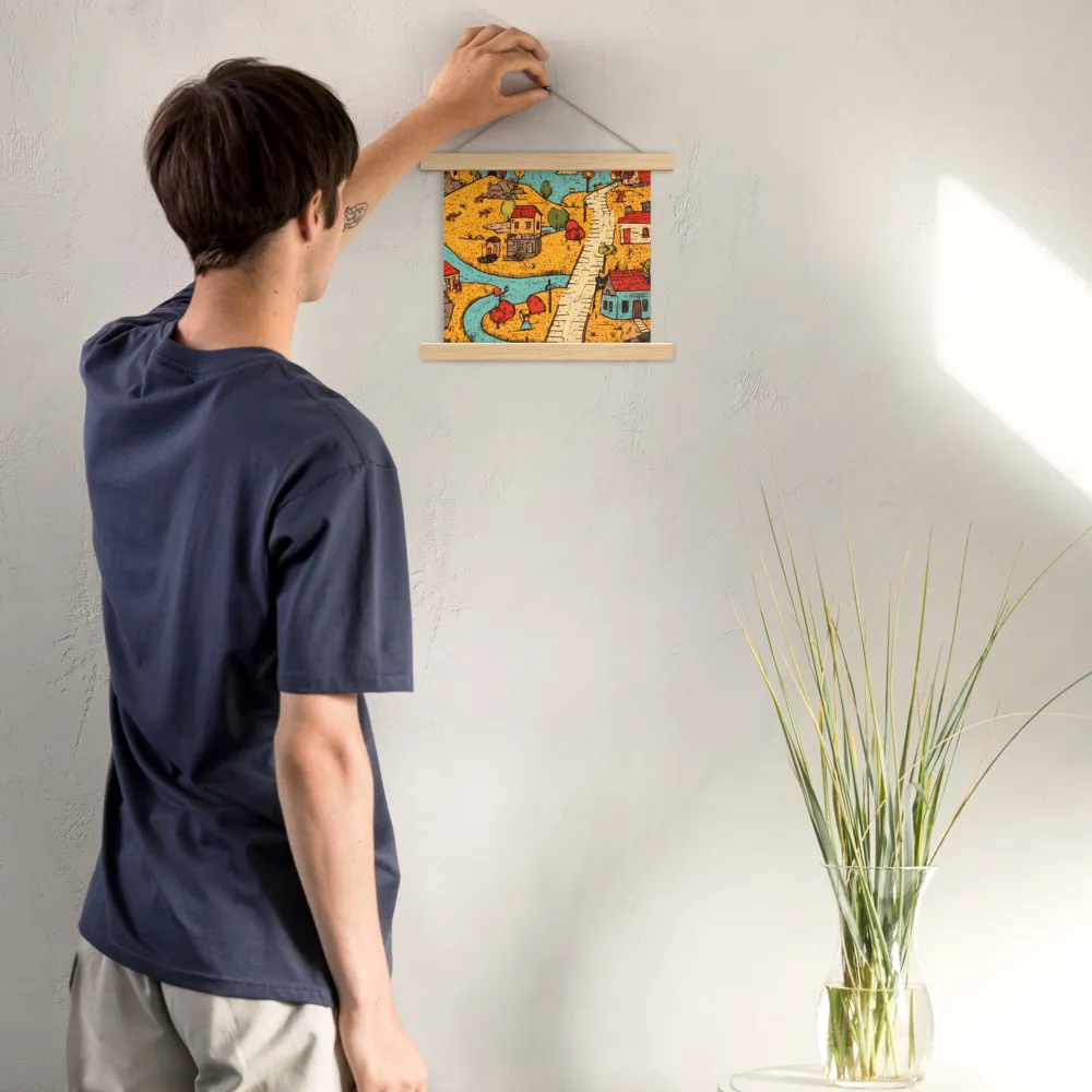 Whimsical Village Landscape | Poster With Oak Wood Hanger | 10″×10″