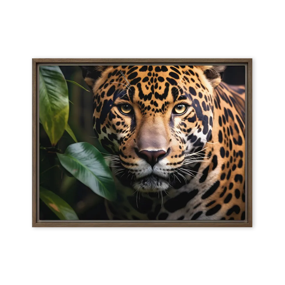 The Intensity of Nature: A Jaguar’s Gaze | Canvas with Brown Frame | 18″×24″