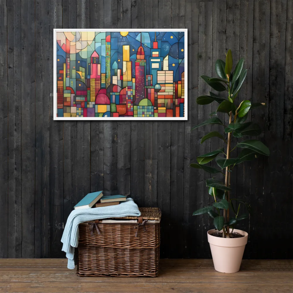 Geometric Harmony: A Vibrant Cityscape | Canvas with White Frame | 24″×36″