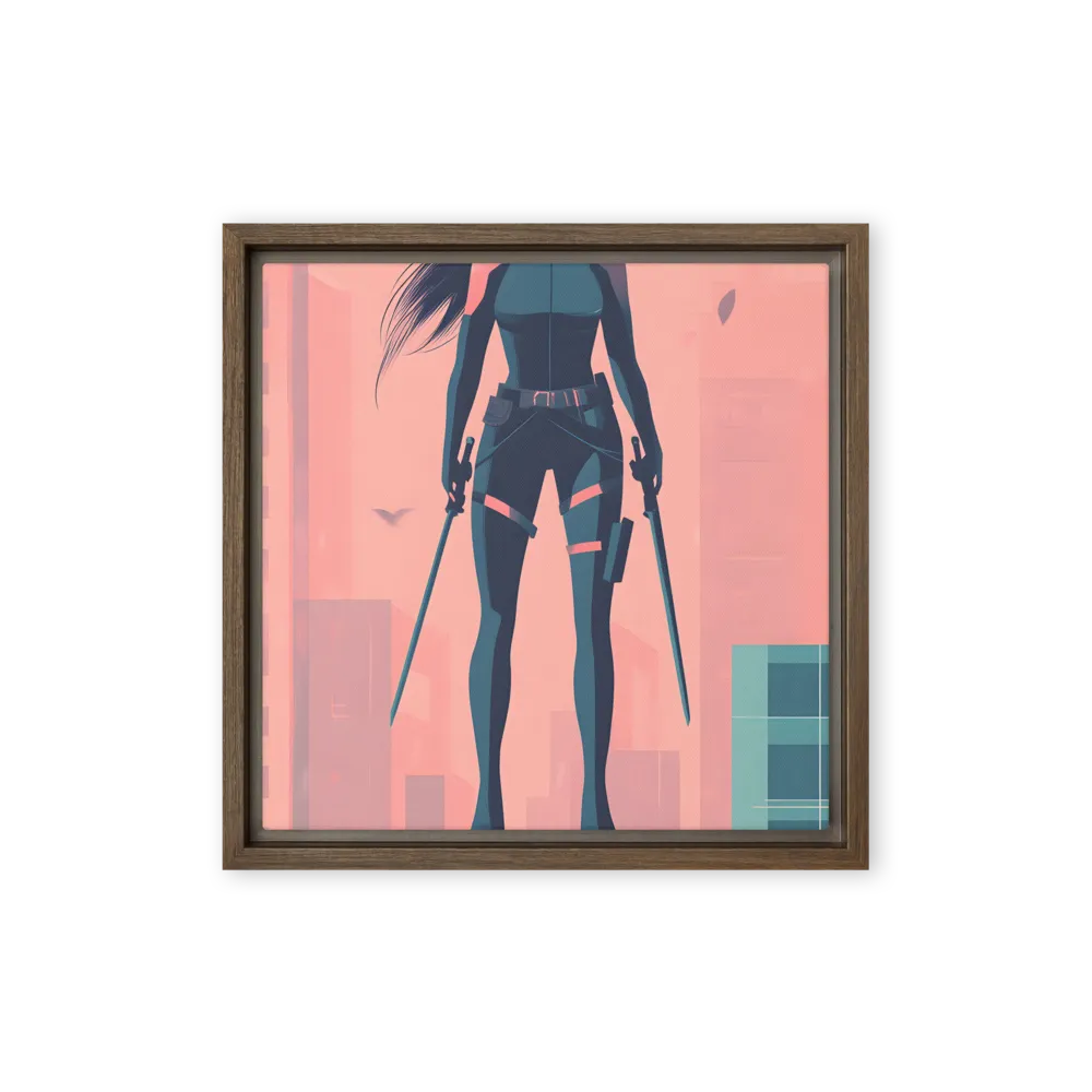 Urban Sentinel: A Warrior's Stand | Canvas with Brown Frame | 12″×12″