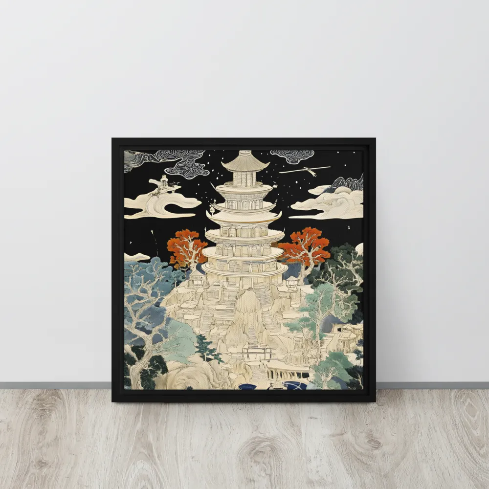Whispers of the Pagoda | Canvas with Black Frame | 16″×16″