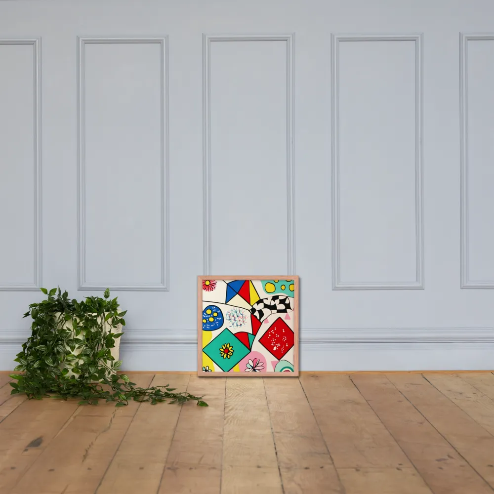 Joyful Geometry: A Playful Dance of Shapes and Colors | Poster with Red oak Frame | 16″×16″
