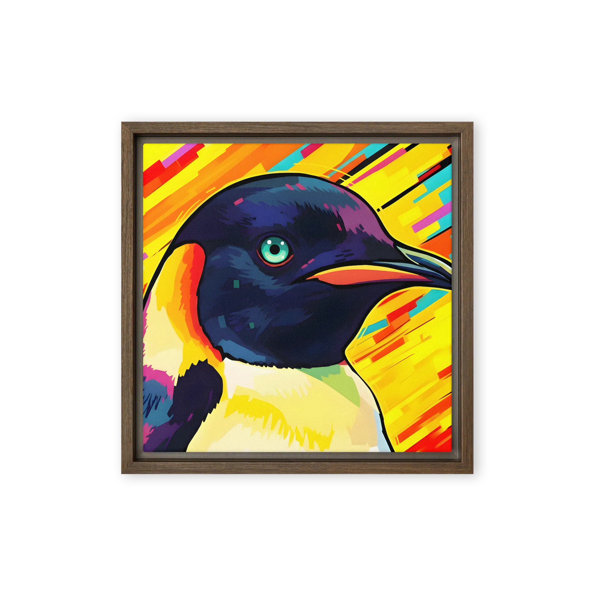 Neon Penguin 
 Canvas with Brown Frame