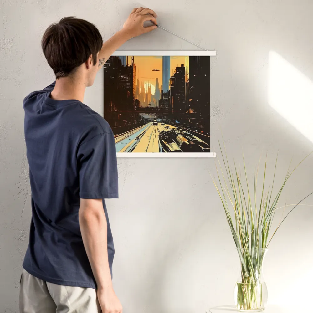 Metro Nexus: A Futuristic Cityscape | Poster With White Wood Hanger | 18″×18″