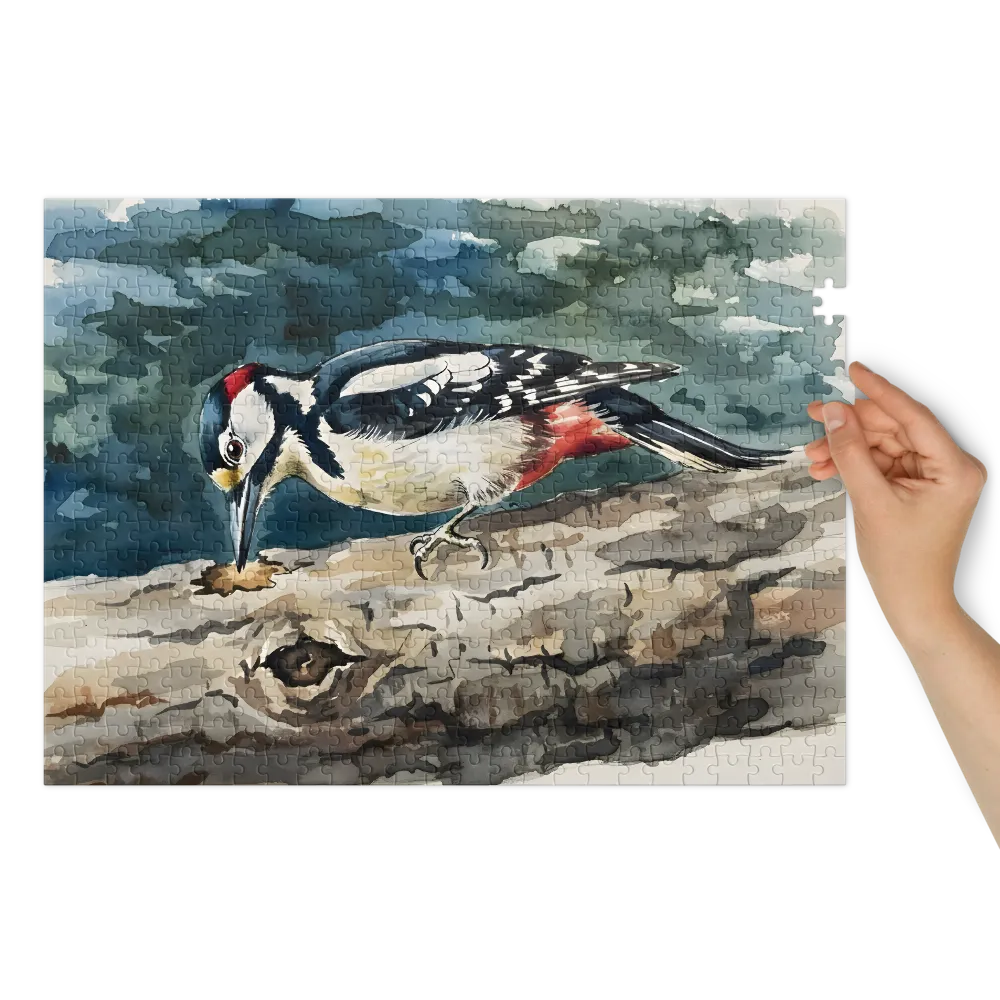 Woodpecker on Tree Bark 
 Jigsaw Puzzle in Tin Box