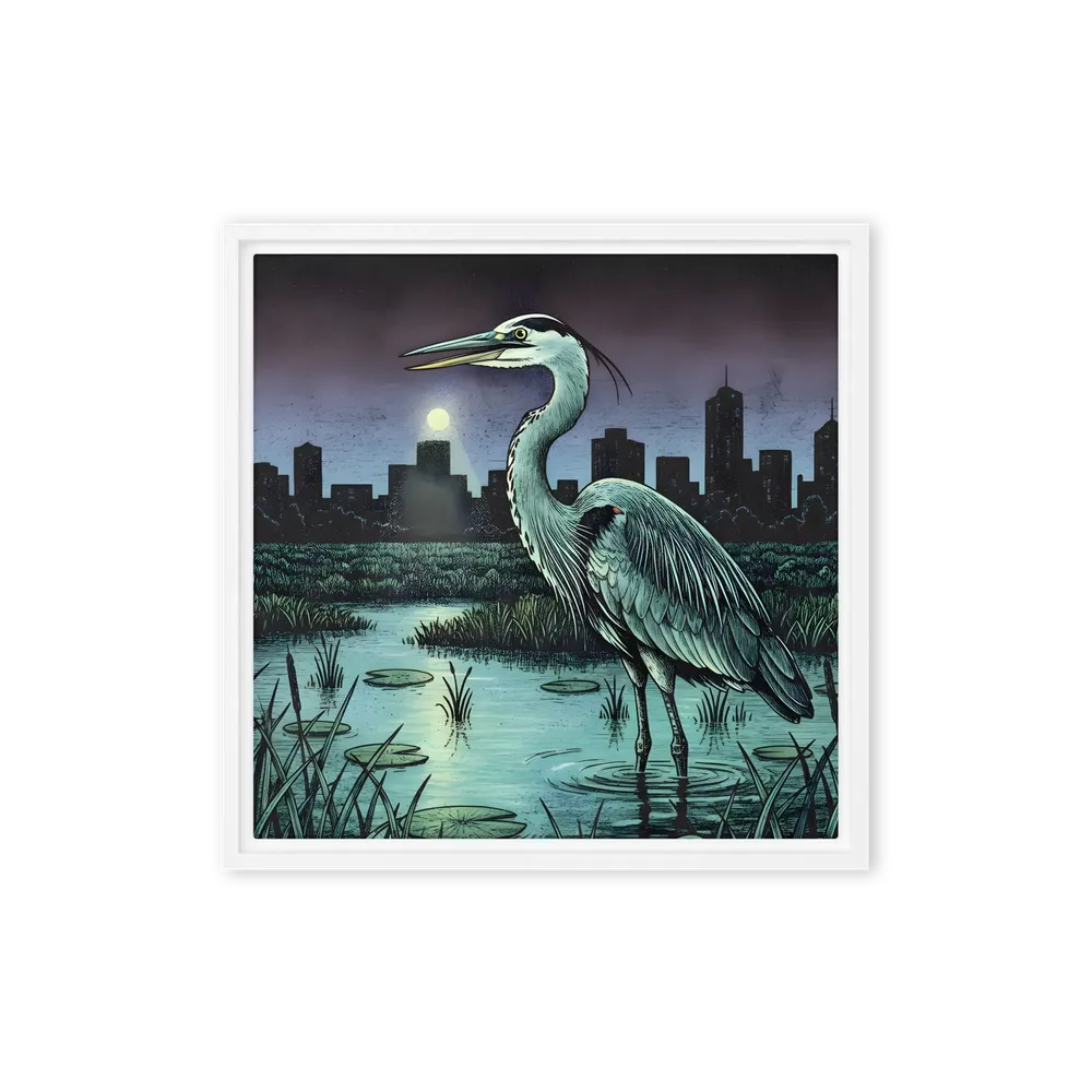 Moonlit Heron 
 Canvas with White Frame