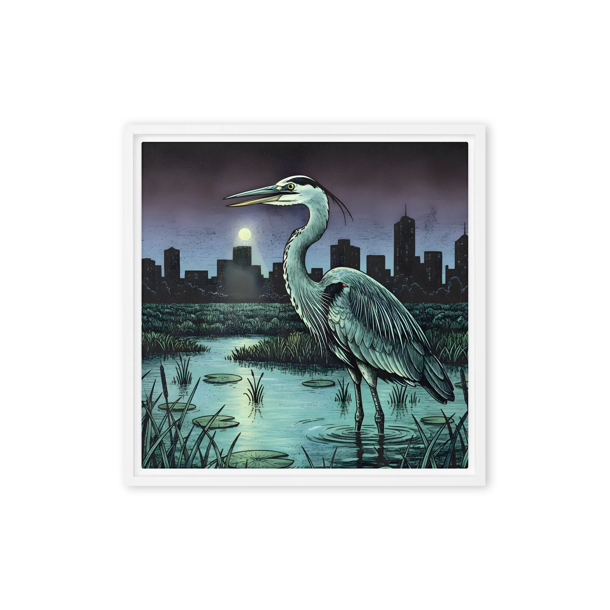 Moonlit Heron 
 Canvas with White Frame