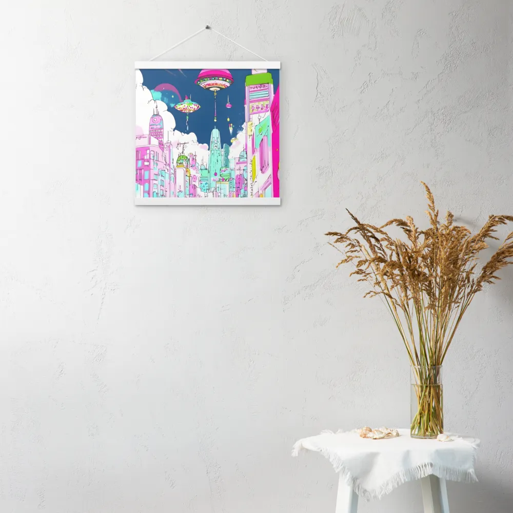Futuristic Cityscape with Floating Structures | Poster With White Wood Hanger | 16″×16″