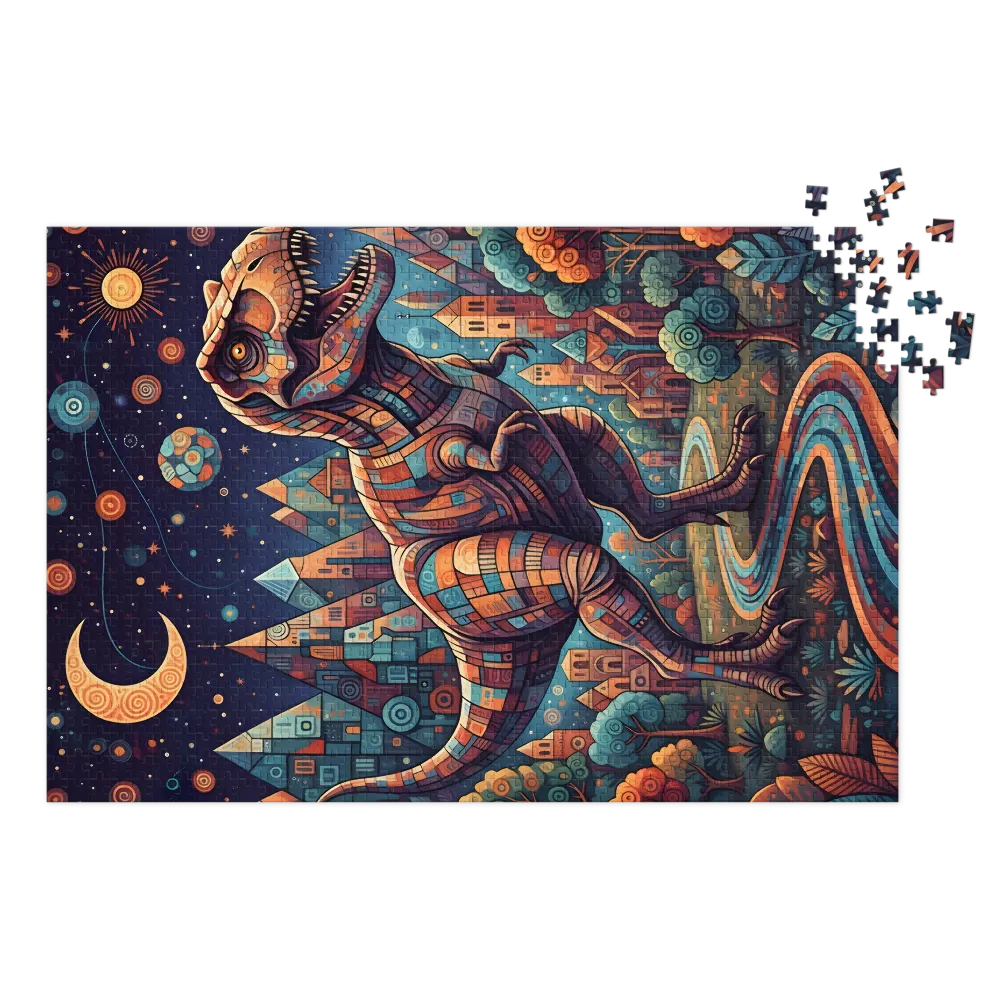 Stained Glass Dinosaur City 
 Jigsaw Puzzle in Tin Box