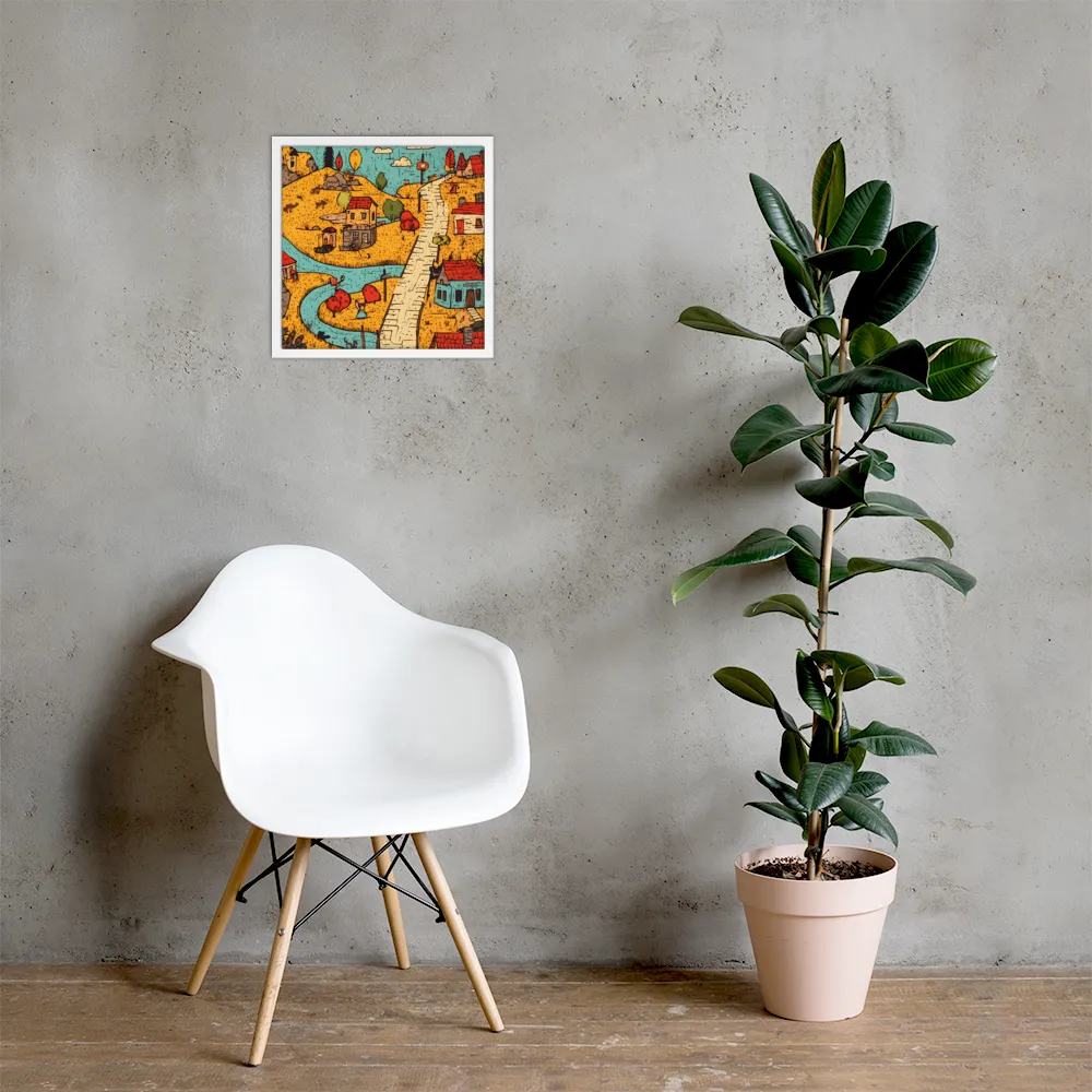 Whimsical Village Landscape | Poster with White Frame | 16″×16″