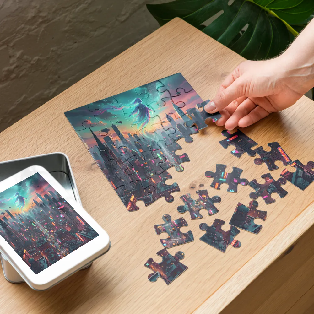 Neon Spirit Over City 
 Jigsaw Puzzle in Tin Box