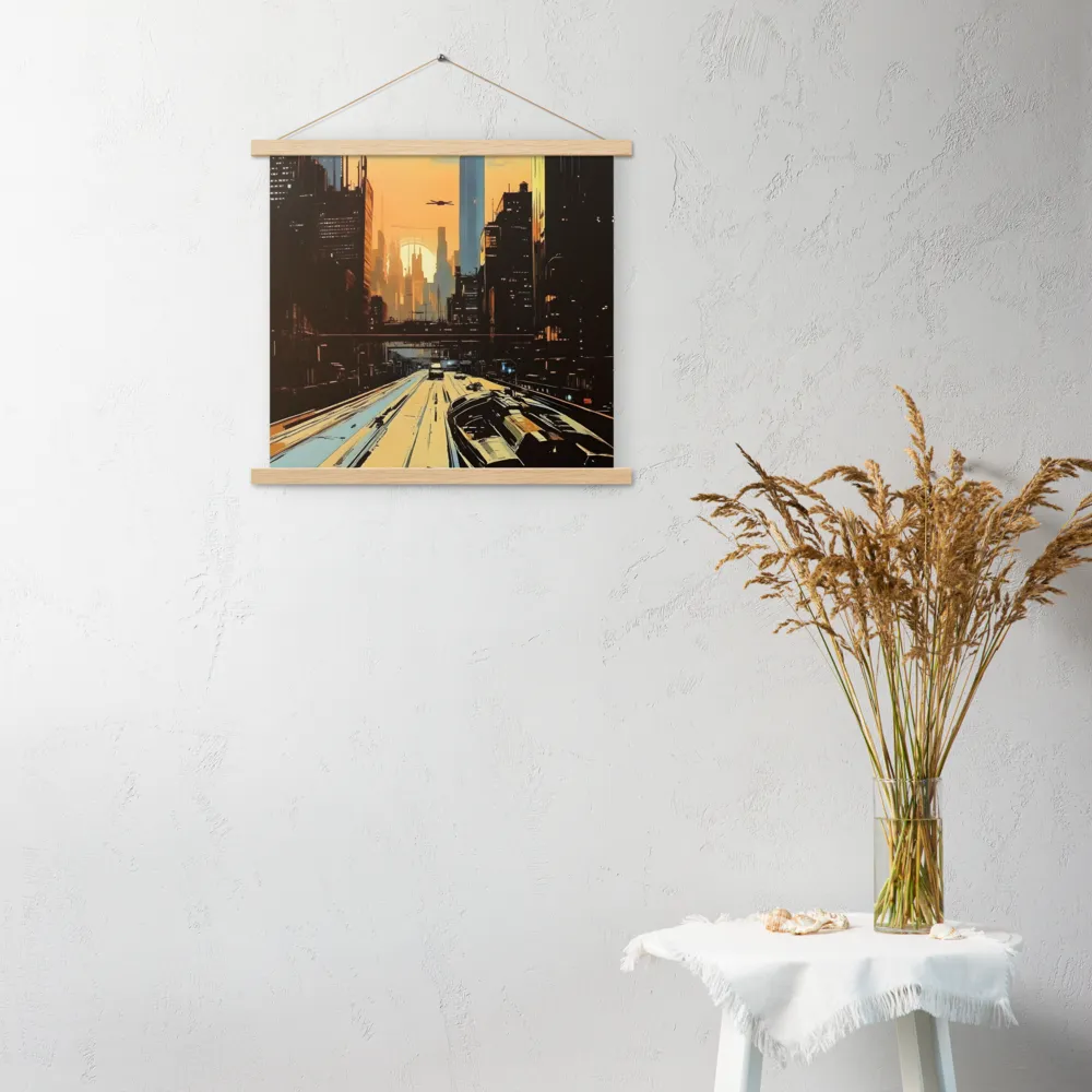 Metro Nexus: A Futuristic Cityscape | Poster With Oak Wood Hanger | 18″×18″