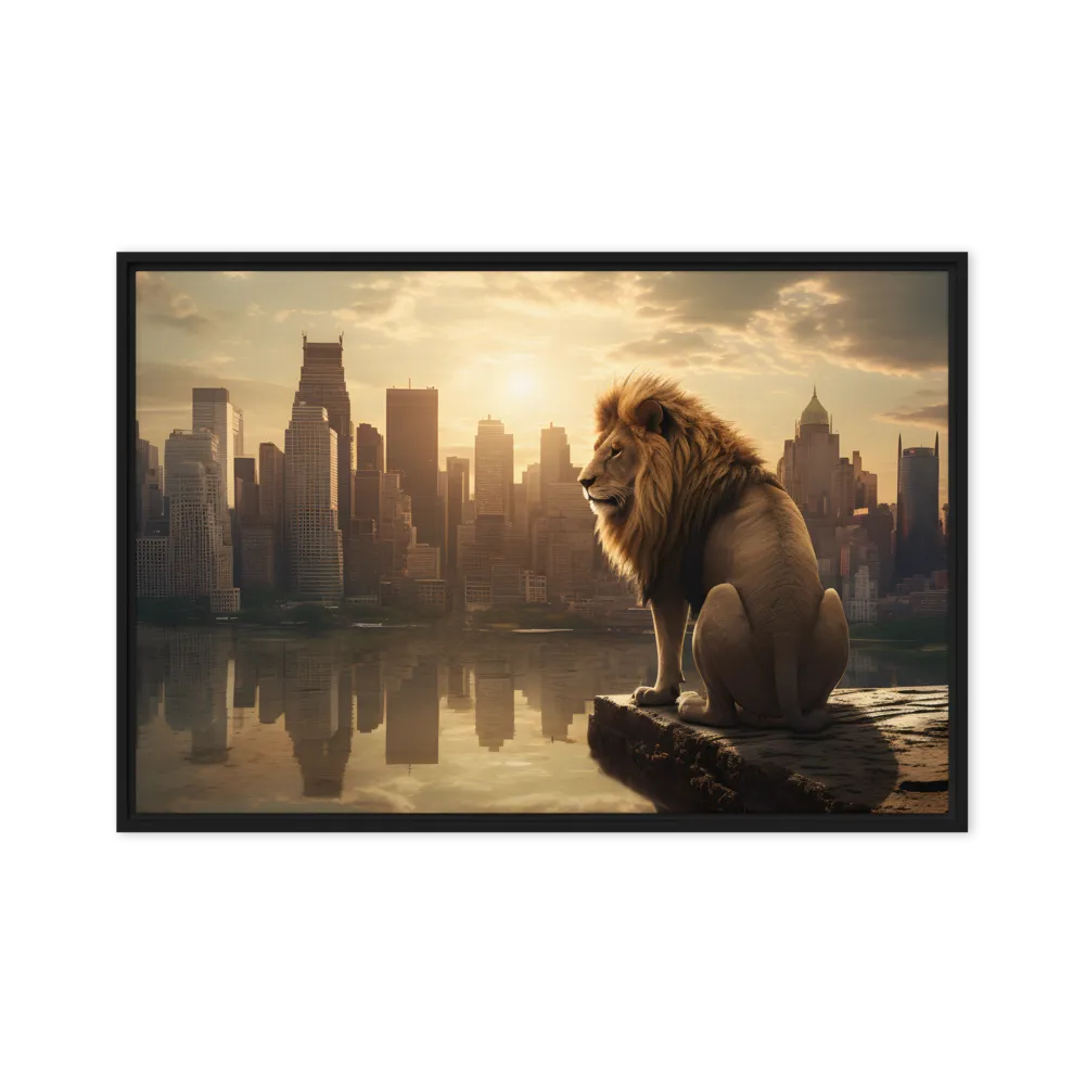 The Lion's Gaze Over the Urban Symphony | Canvas with Black Frame | 24″×36″