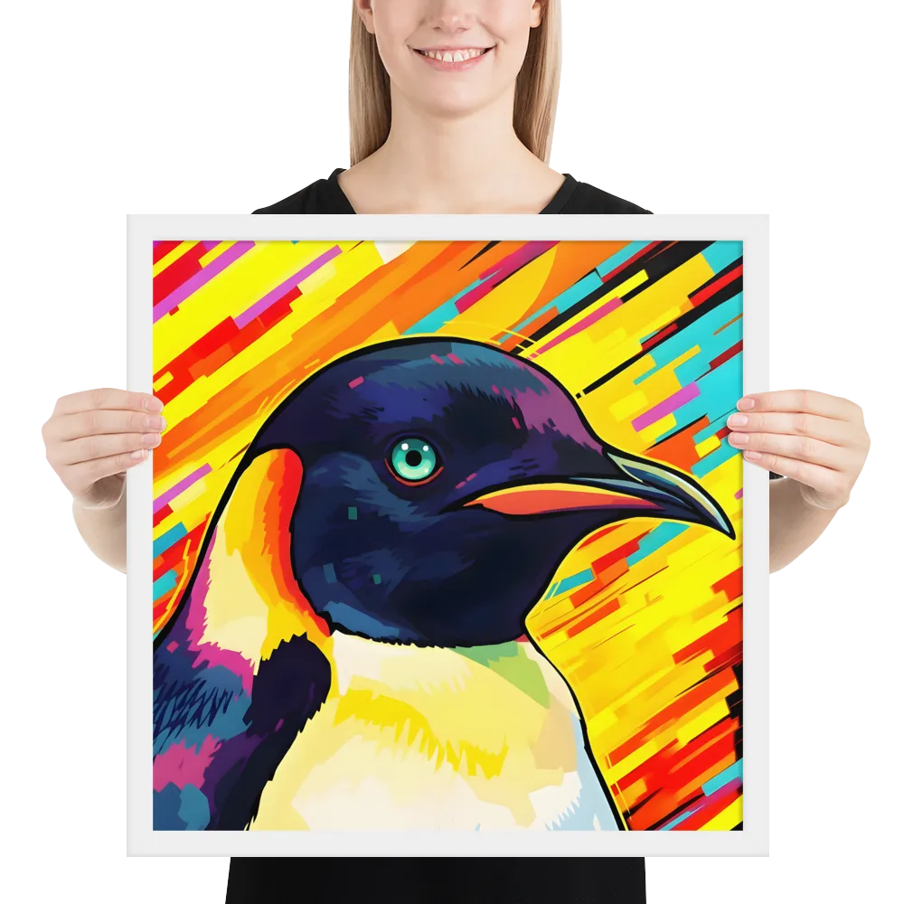 Neon Penguin 
 Poster with White Frame | 18″x 18″