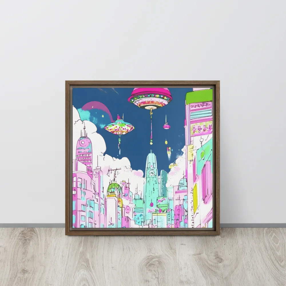 Futuristic Cityscape with Floating Structures | Canvas with Brown Frame | 16″×16″