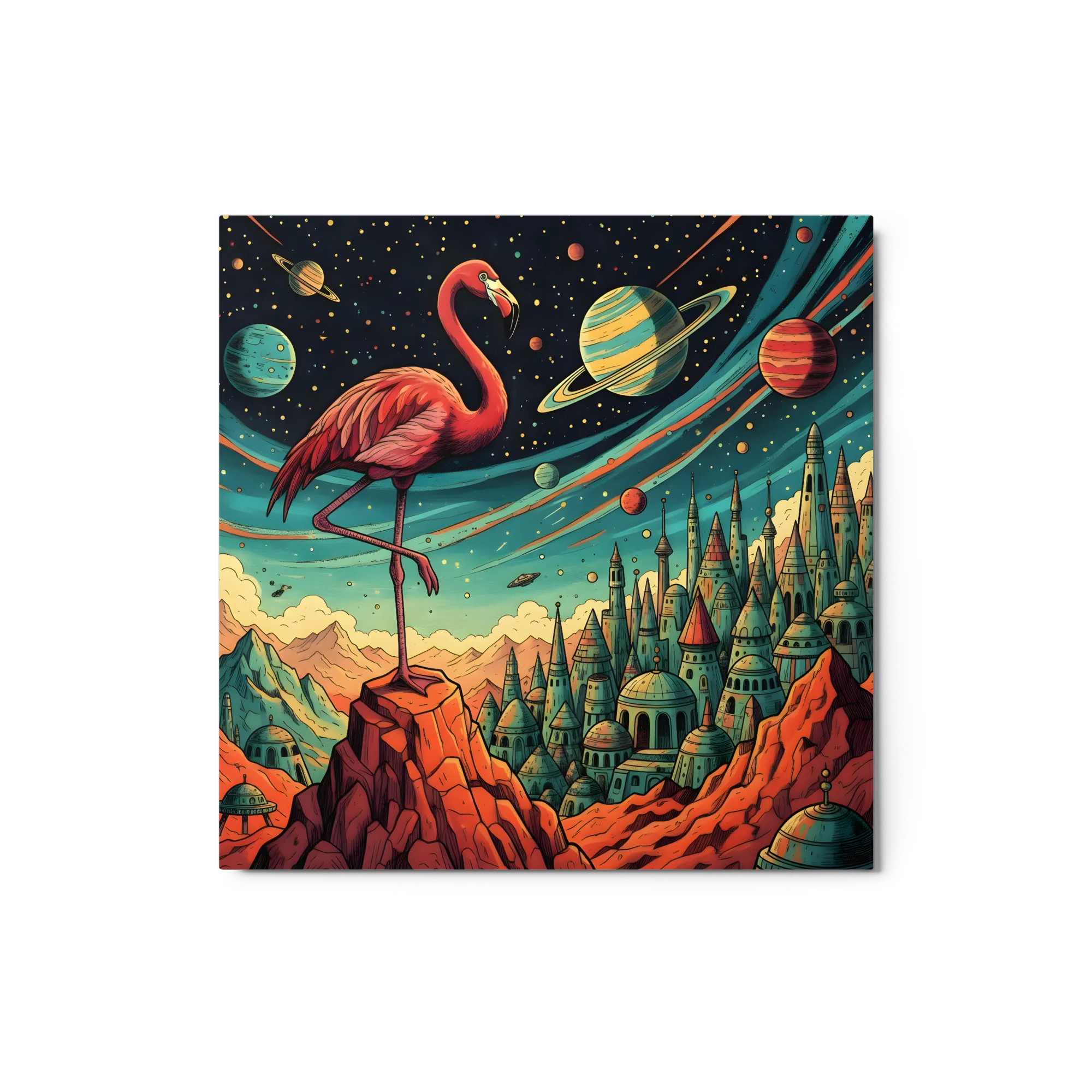 Cosmic Flamingo 
 Metal Print | 12″x 12″