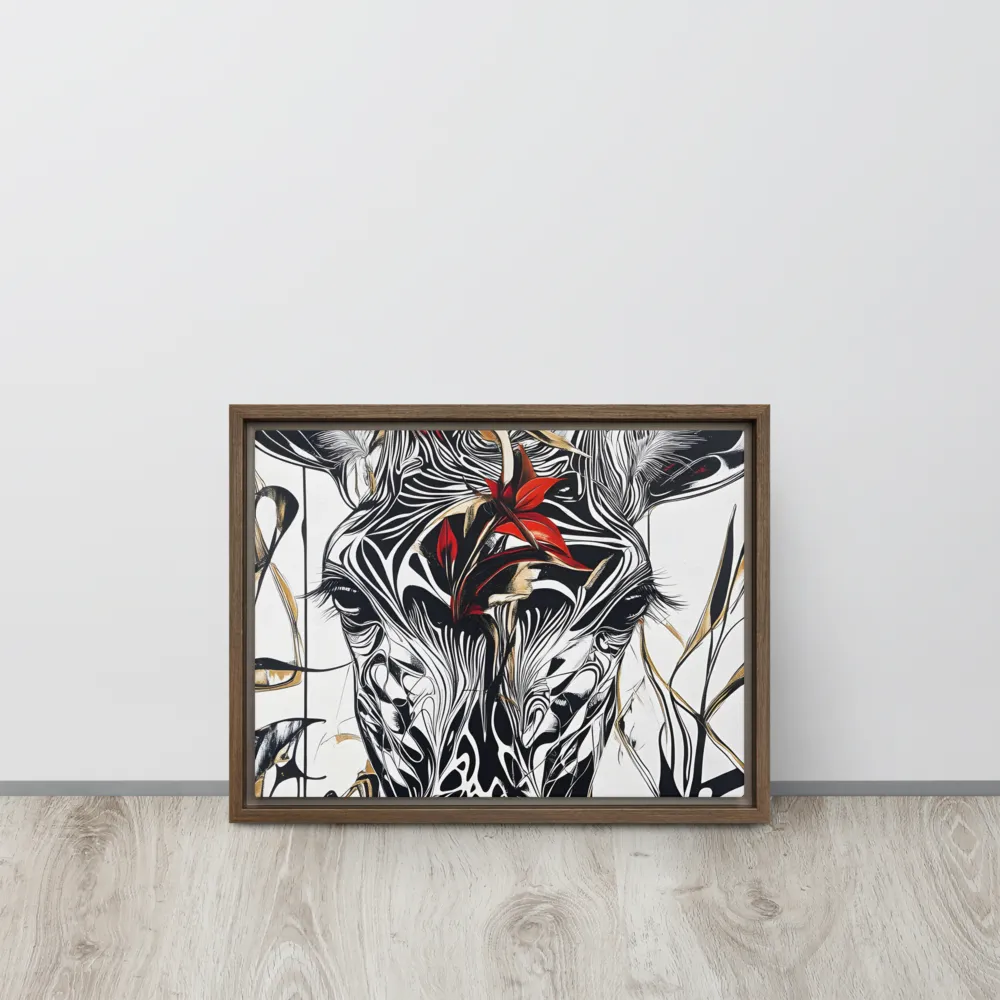 Floral Elegance: The Giraffe's Portrait | Canvas with Brown Frame | 12″×16″