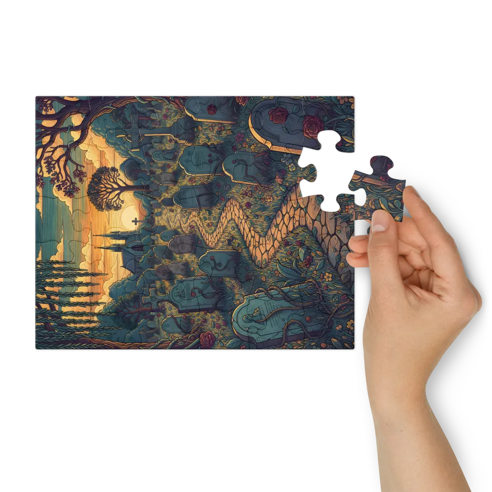 Sunset Graveyard Illustration 
 Jigsaw Puzzle in Tin Box