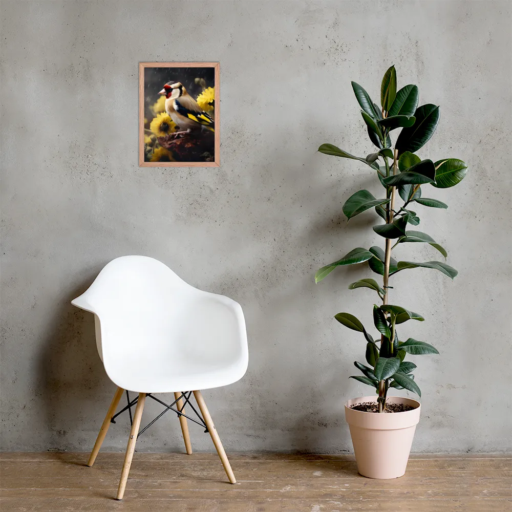 Harmony in Nature: A Goldfinch Amidst Blooms | Poster with Red oak Frame | 12″×16″