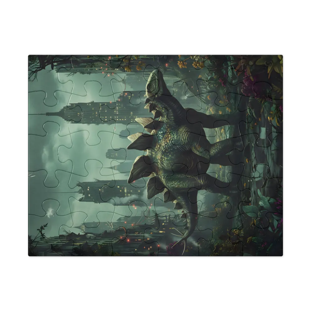 Stegosaurus in Overgrown City 
 Jigsaw Puzzle in Tin Box