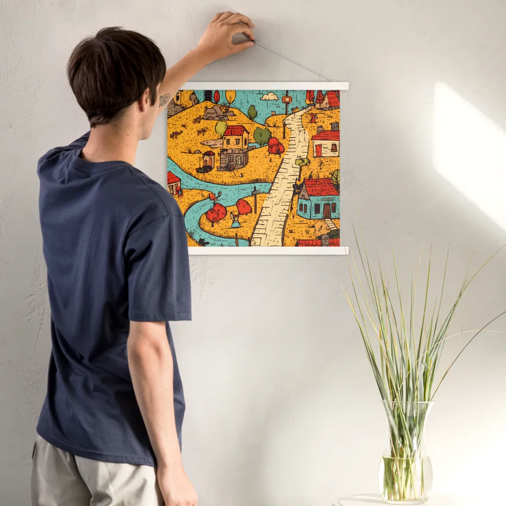 Whimsical Village Landscape | Poster With White Wood Hanger | 18″×18″