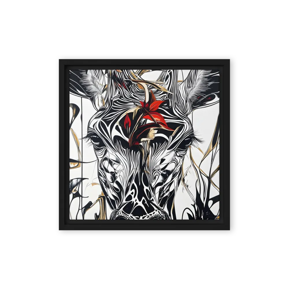 Floral Elegance: The Giraffe's Portrait | Canvas with Black Frame | 12″×12″