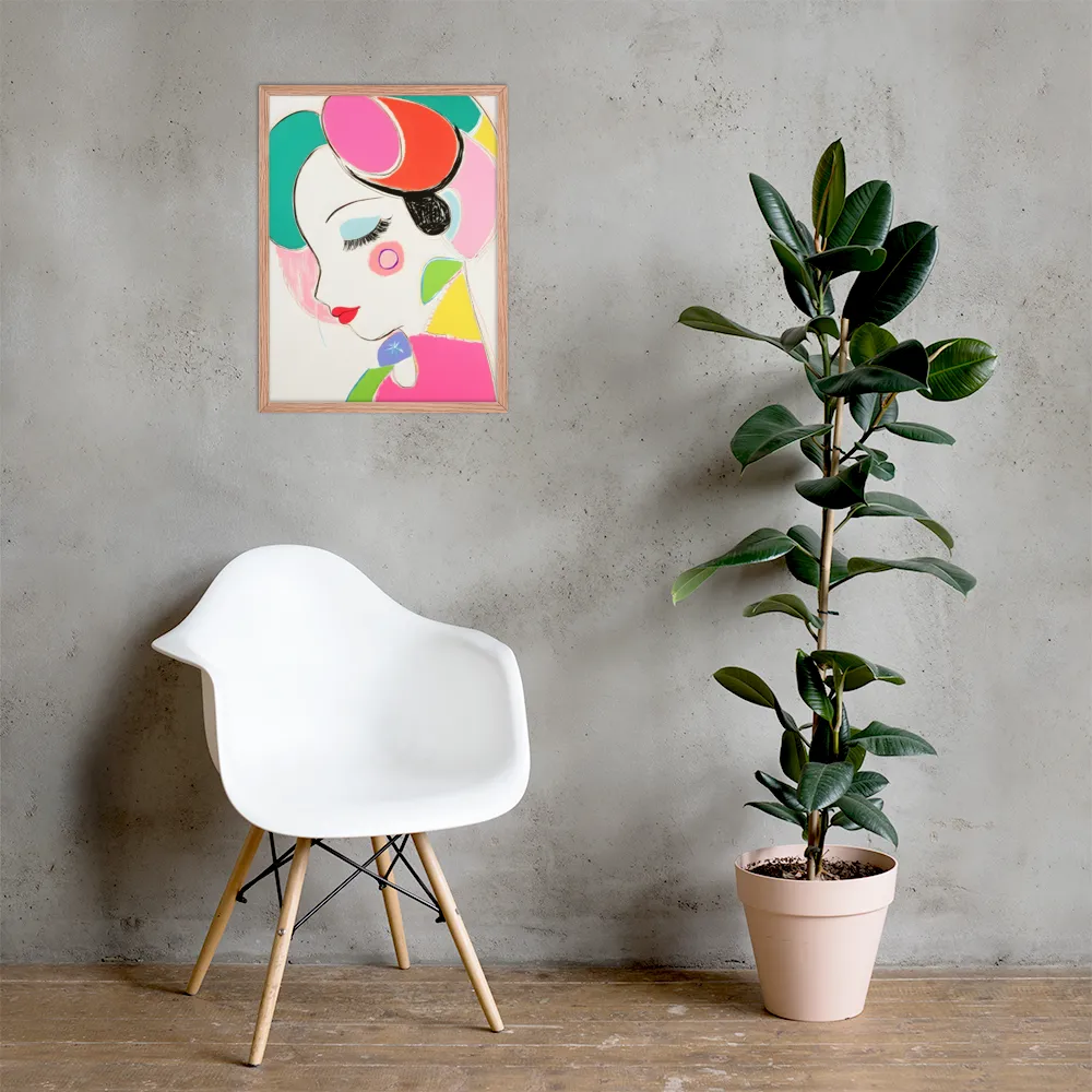 Whimsical Portrait in Colorful Abstraction | Poster with Red oak Frame | 18″×24″