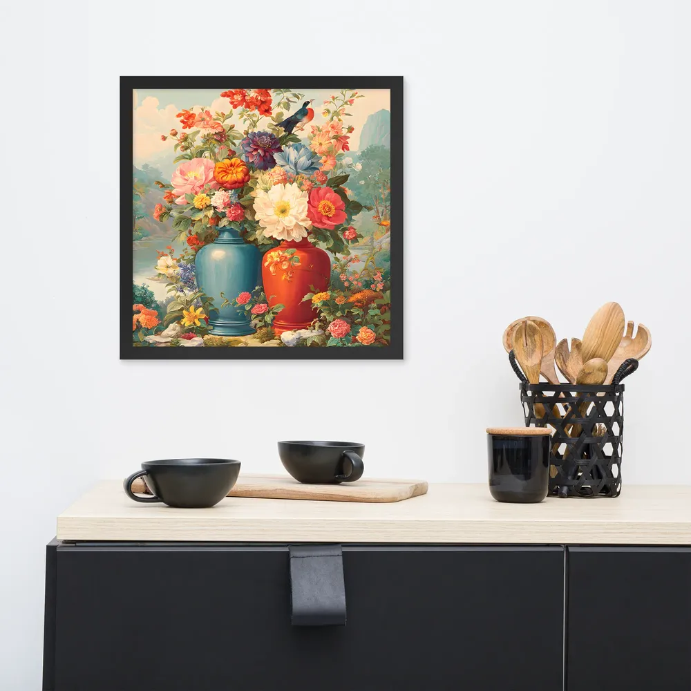Twin Vases in Bloom 
 Poster with Black Frame | 16″x 16″