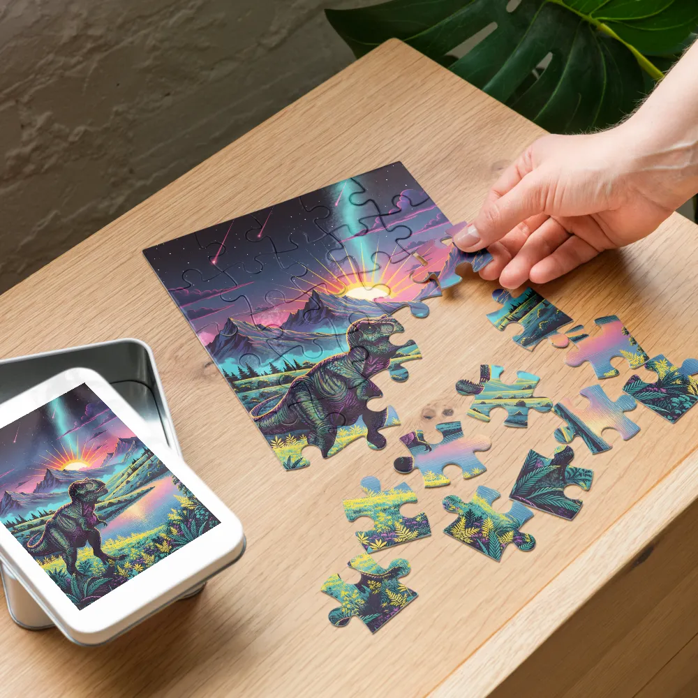 Dinosaur at Neon Dawn 
 Jigsaw Puzzle in Tin Box