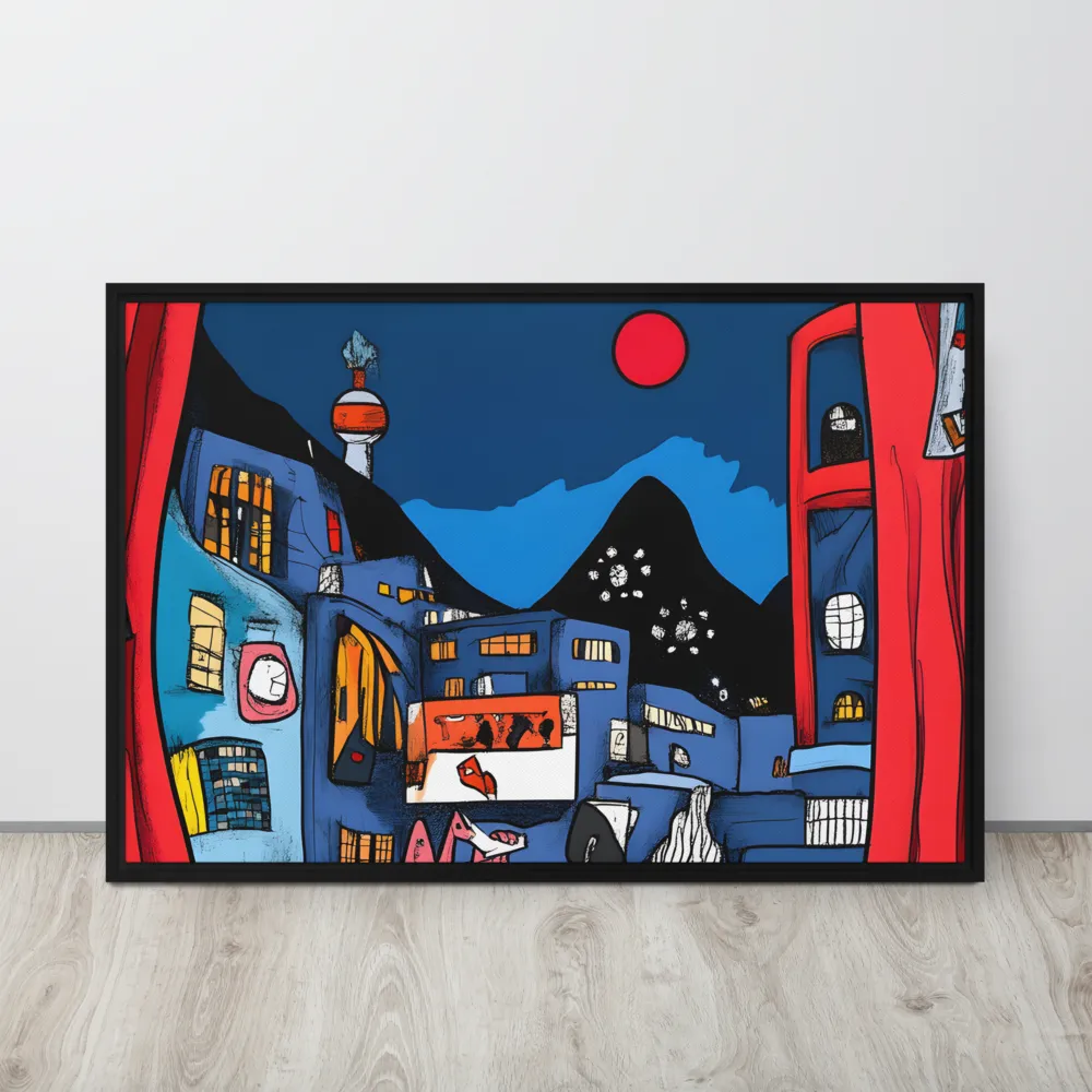 Whimsical Cityscape at Night | Canvas with Black Frame | 24″×36″