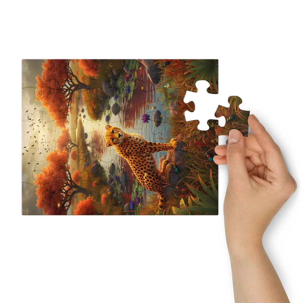 Cheetah at the Autumn River 
 Jigsaw Puzzle in Tin Box
