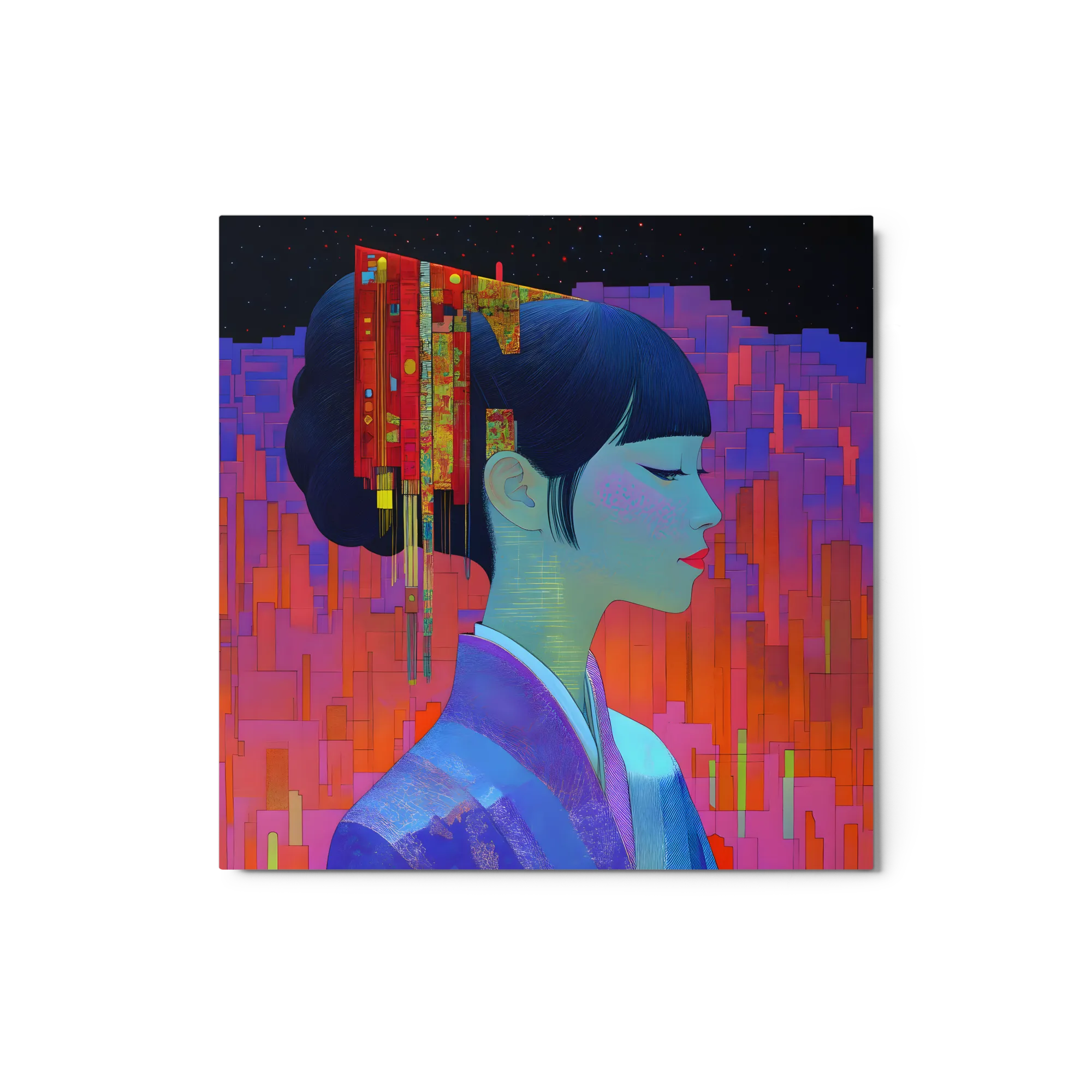 Cyberpunk Ukiyo-e Geisha 
 Metal Print | 12″x 12″