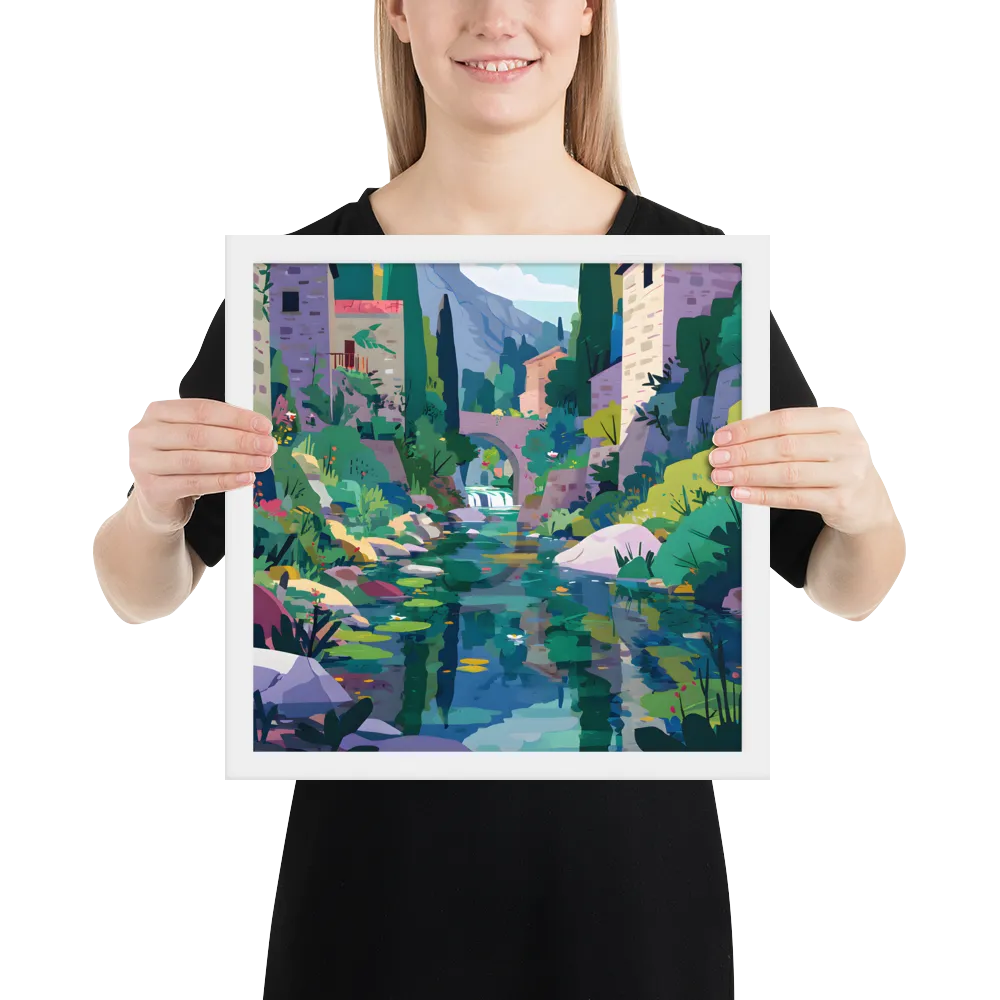 Mountain Village Stream 
 Poster with White Frame | 14″x 14″