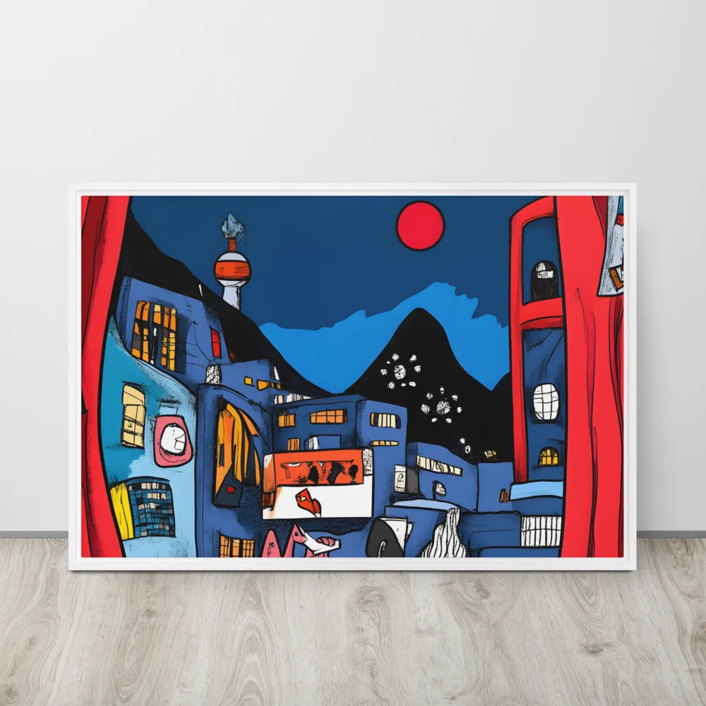 Whimsical Cityscape at Night | Canvas with White Frame | 24″×36″