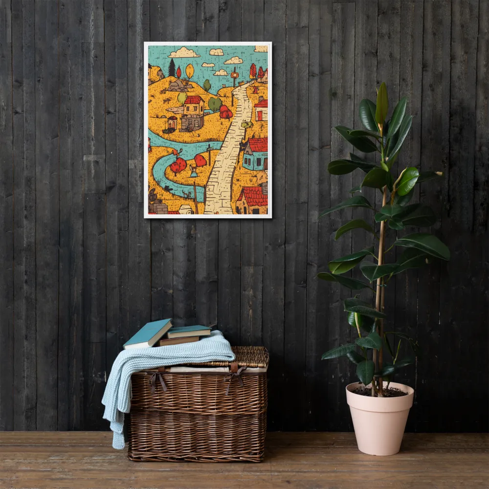 Whimsical Village Landscape | Canvas with White Frame | 20″×28″