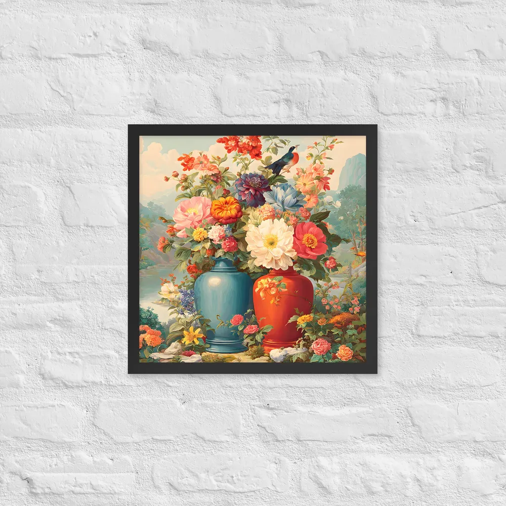 Twin Vases in Bloom 
 Poster with Black Frame | 16″x 16″