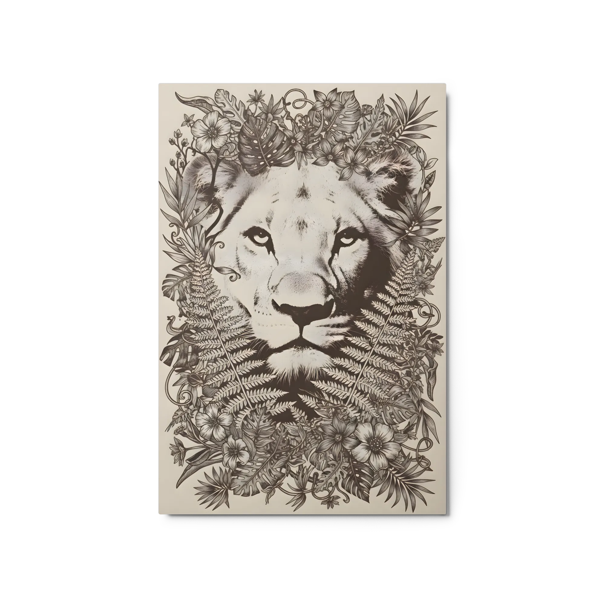 Jungle Empress: Lioness in Botanical Engraving 
 Metal Print | 20″x 30″